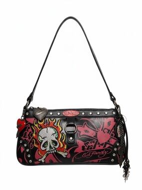 Ed Hardy Black and Pink Skull Charm Shoulder Bag